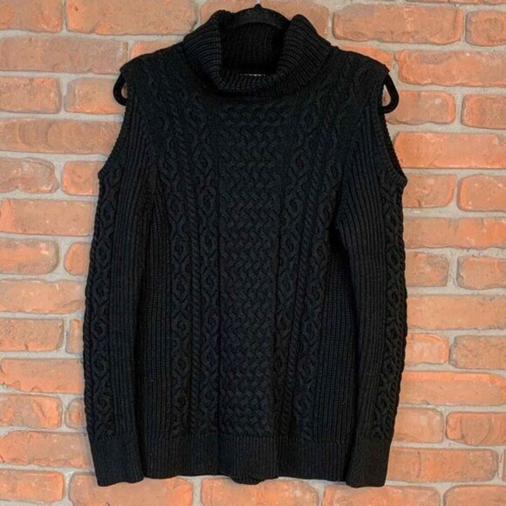 Ruff Hewn‎ Womens Large Petite Sweater Black Cable Knit Turtleneck Cold Shoulder